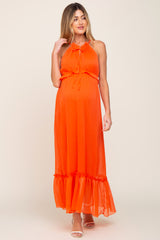 Orange Chiffon Ruffle Accent Halter Maternity Maxi Dress