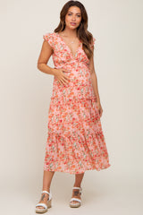 Coral Floral Ruffle Tiered Maternity Midi Dress