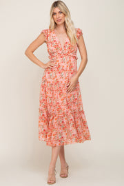 Coral Floral Ruffle Tiered Midi Dress