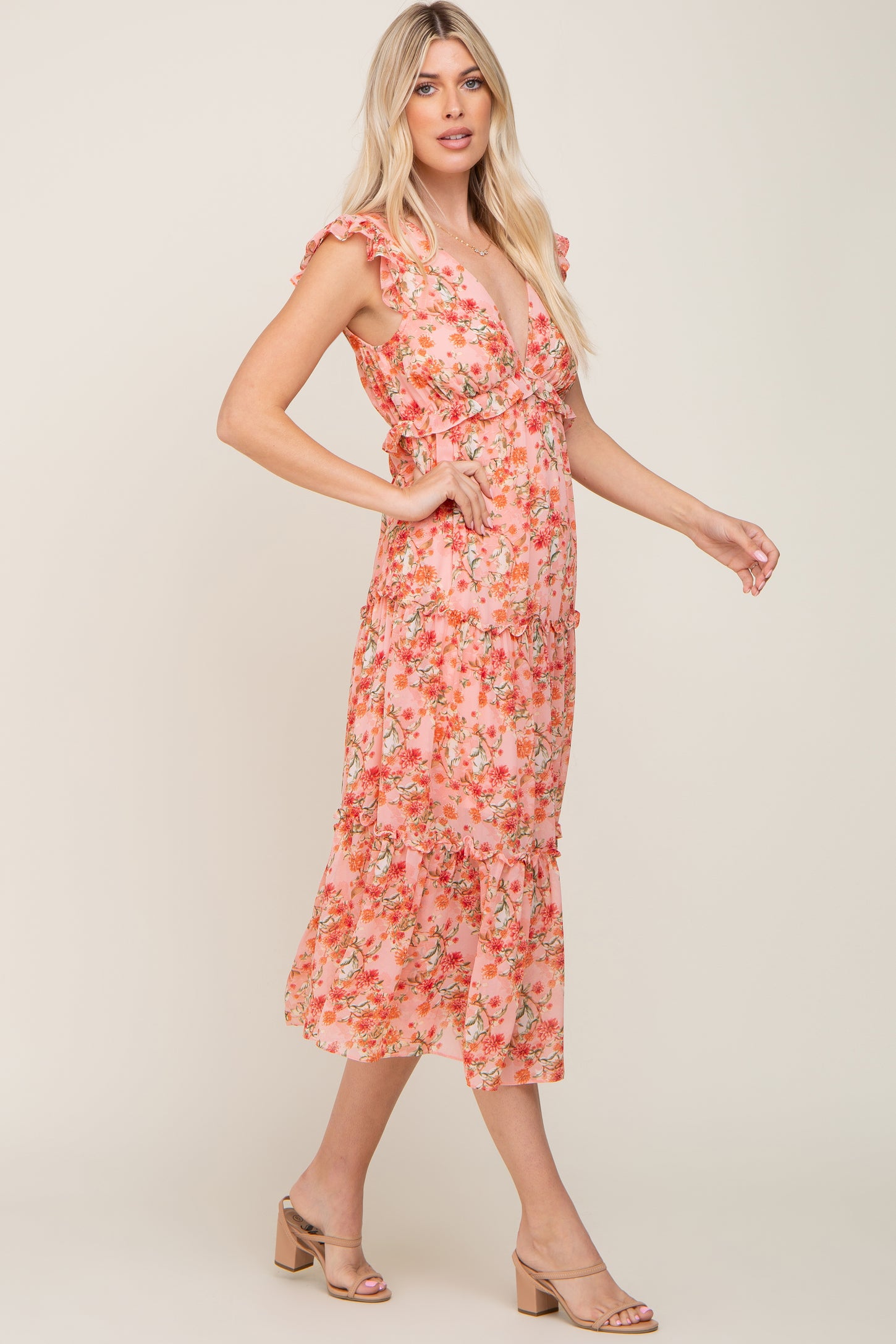 Coral Floral Ruffle Tiered Midi Dress– PinkBlush