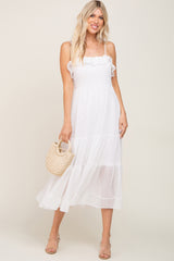 White Shirred Ruffle Midi Dress