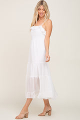 White Shirred Ruffle Midi Dress