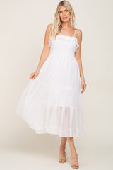 White Shirred Ruffle Midi Dress