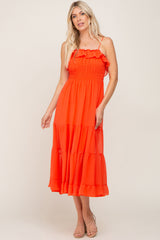 Orange Shirred Ruffle Midi Dress