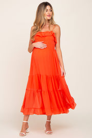 Orange Shirred Ruffle Maternity Midi Dress