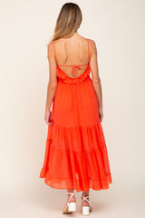 Orange Shirred Ruffle Maternity Midi Dress