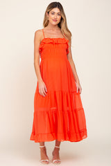 Orange Shirred Ruffle Maternity Midi Dress