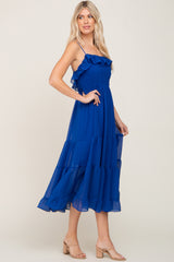 Royal Blue Shirred Ruffle Midi Dress