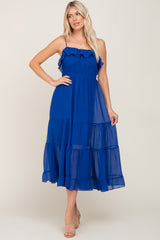 Royal Blue Shirred Ruffle Midi Dress