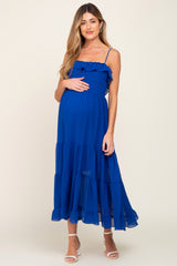 Royal Blue Shirred Ruffle Maternity Midi Dress