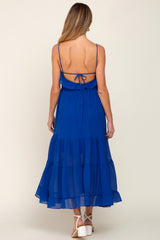 Royal Blue Shirred Ruffle Maternity Midi Dress