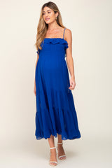 Royal Blue Shirred Ruffle Maternity Midi Dress