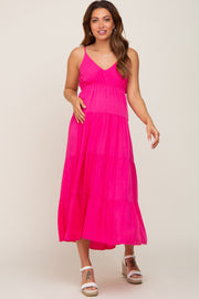 Fuchsia Sleeveless Tiered Maternity Midi Dress