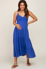 Royal Blue Sleeveless Tiered Maternity Midi Dress