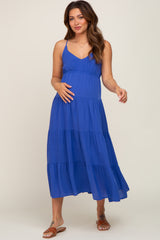 Royal Blue Sleeveless Tiered Maternity Midi Dress