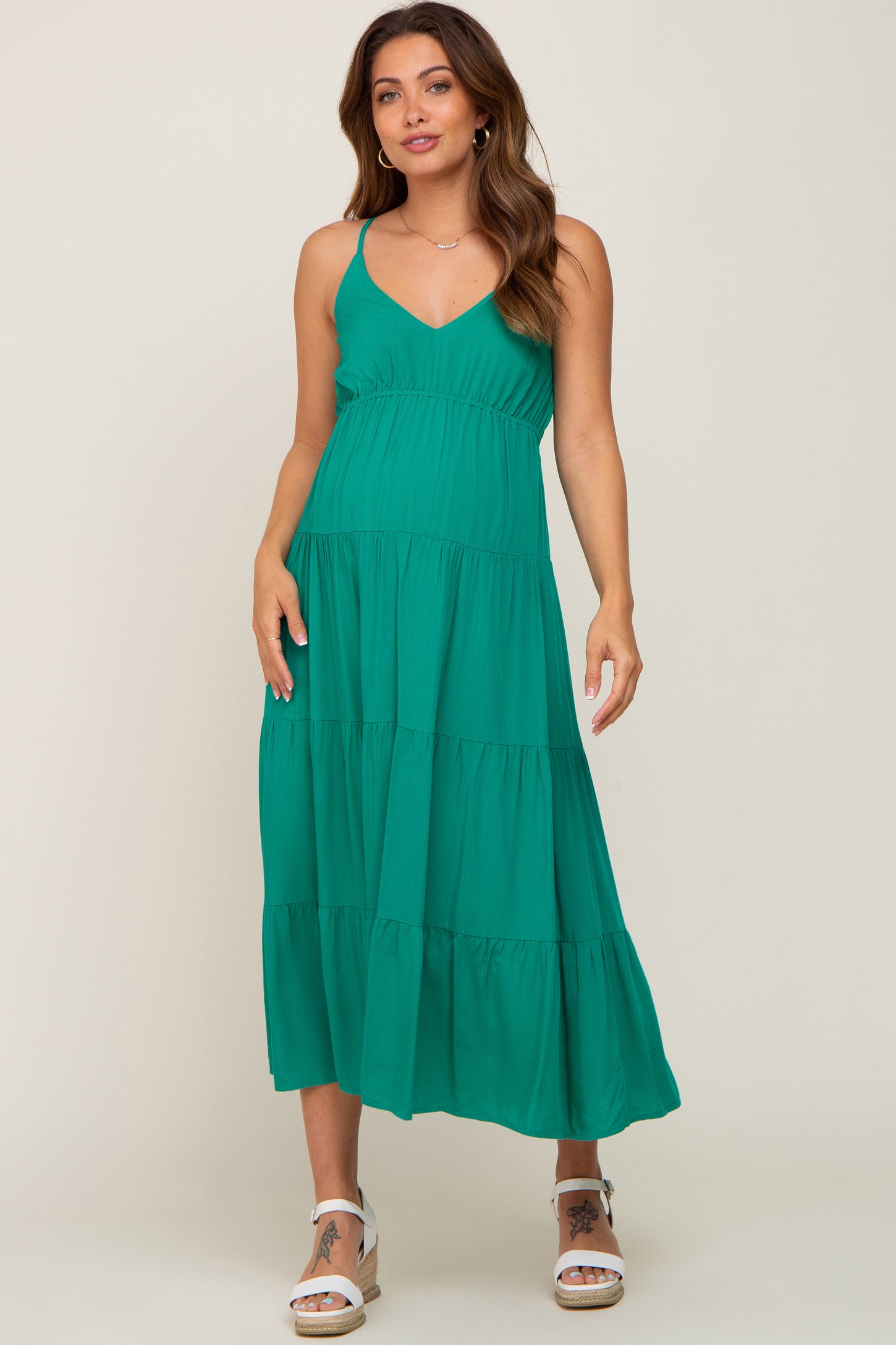 Green Sleeveless Tiered Maternity Midi Dress – PinkBlush