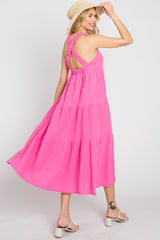 Neon Pink Tiered Crisscross Strap Midi Dress