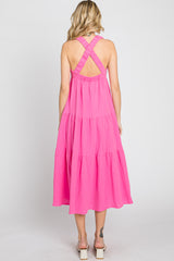 Neon Pink Tiered Crisscross Strap Midi Dress