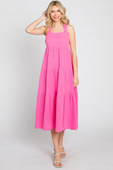 Neon Pink Tiered Crisscross Strap Midi Dress