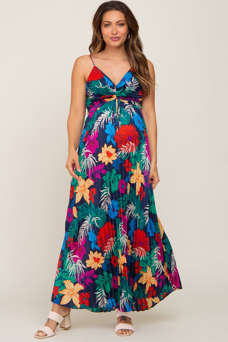 Black Tropical Floral Satin Pleated Maternity Maxi Dress – PinkBlush