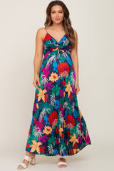 Black Tropical Floral Satin Pleated Maternity Maxi Dress