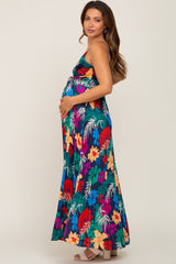 Black Tropical Floral Satin Pleated Maternity Maxi Dress