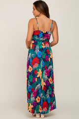 Black Tropical Floral Satin Pleated Maternity Maxi Dress