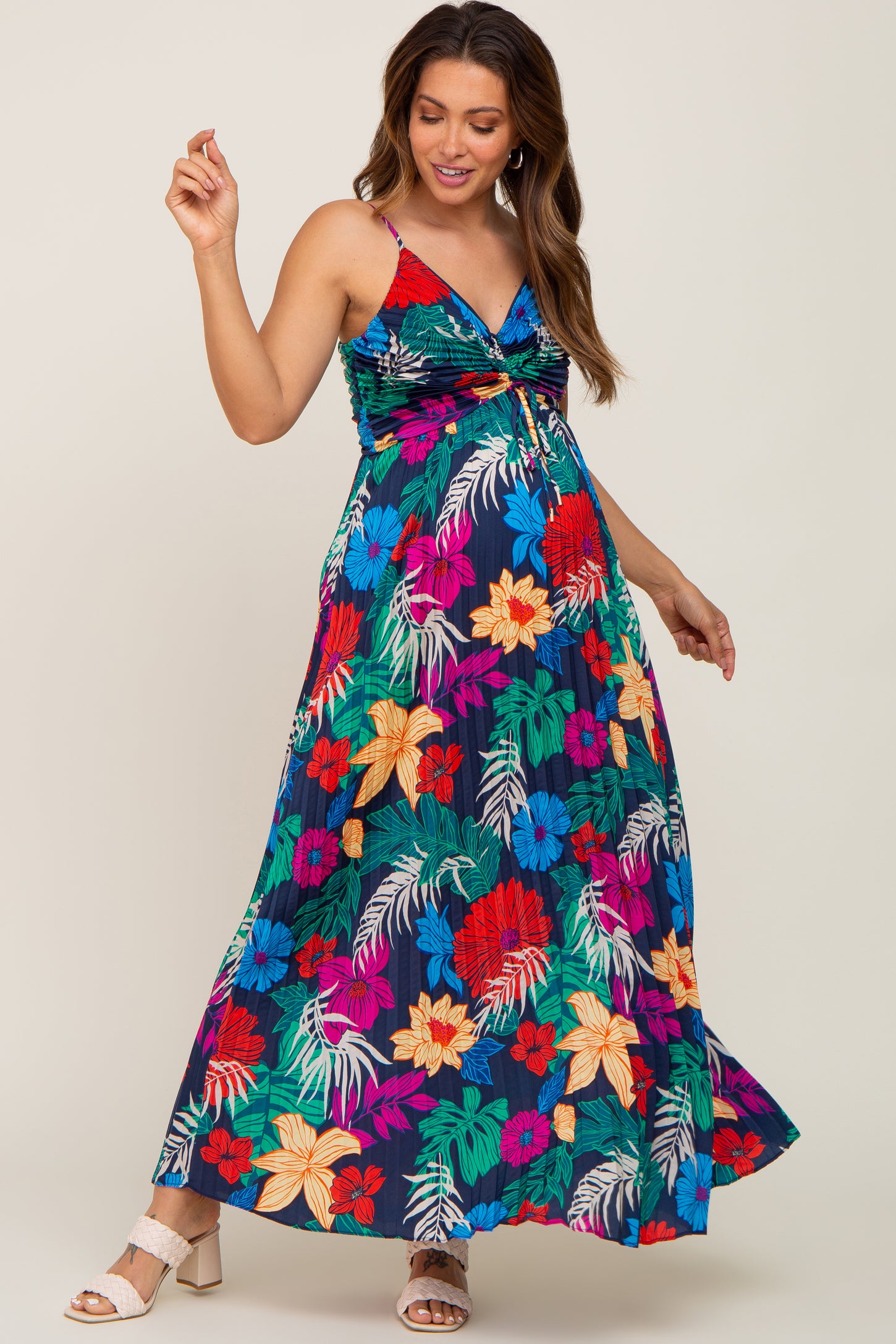 Black Tropical Floral Satin Pleated Maternity Maxi Dress – PinkBlush