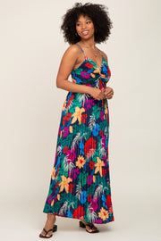 Black Tropical Floral Satin Pleated Maxi Dress