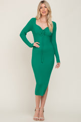 Green Ribbed Ruched Front Long Sleeve Maternity Midi Dress