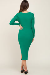 Green Ribbed Ruched Front Long Sleeve Maternity Midi Dress