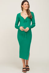 Green Ribbed Ruched Front Long Sleeve Maternity Midi Dress