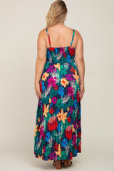 Black Tropical Floral Satin Pleated Maternity Plus Maxi Dress