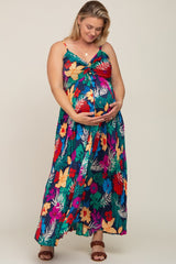 Black Tropical Floral Satin Pleated Maternity Plus Maxi Dress