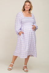 Lavender Plaid Smocked Square Neck Lace-Up Back Maternity Plus Midi Dress