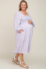 Lavender Plaid Smocked Square Neck Lace-Up Back Maternity Plus Midi Dress