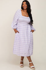 Lavender Plaid Smocked Square Neck Lace-Up Back Plus Midi Dress