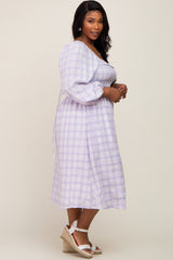 Lavender Plaid Smocked Square Neck Lace-Up Back Plus Midi Dress