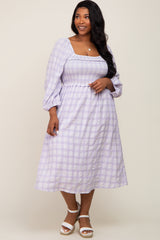 Lavender Plaid Smocked Square Neck Lace-Up Back Plus Midi Dress