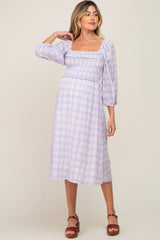 Lavender Plaid Smocked Square Neck Lace-Up Back Maternity Midi Dress