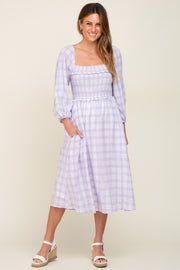 Lavender Plaid Smocked Square Neck Lace-Up Back Midi Dress