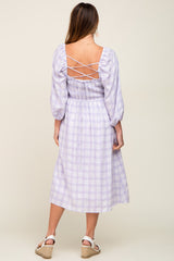 Lavender Plaid Smocked Square Neck Lace-Up Back Midi Dress