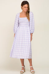 Lavender Plaid Smocked Square Neck Lace-Up Back Midi Dress