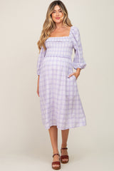 Lavender Plaid Smocked Square Neck Lace-Up Back Maternity Midi Dress