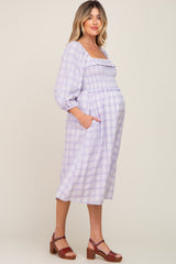 Lavender Plaid Smocked Square Neck Lace-Up Back Maternity Midi Dress