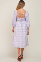 Lavender Plaid Smocked Square Neck Lace-Up Back Maternity Midi Dress