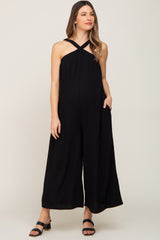 Black Halter Wide Leg Maternity Jumpsuit