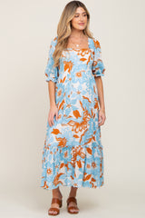 Light Blue Floral Square Neck Ruffle Hem Maternity Maxi Dress