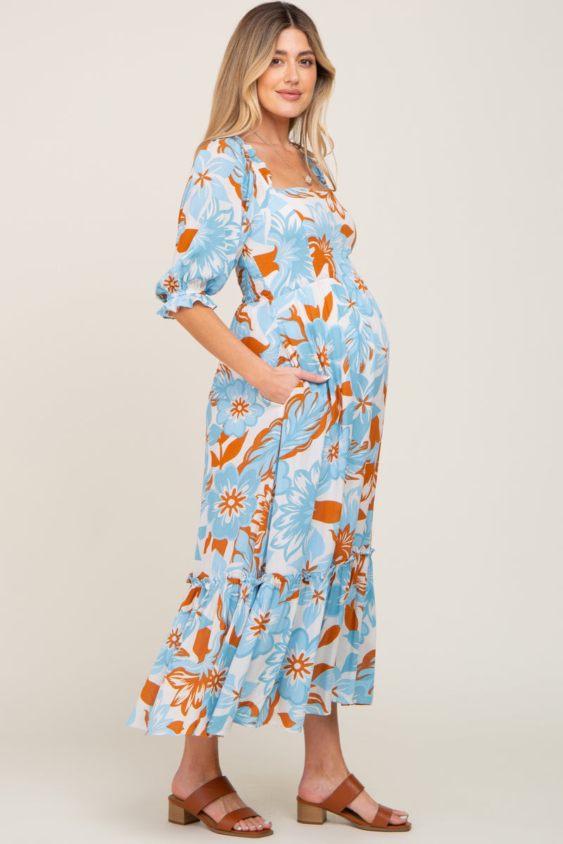 Light Blue Floral Square Neck Ruffle Hem Maternity Maxi Dress – PinkBlush