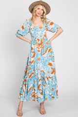 Light Blue Floral Square Neck Ruffle Hem Maternity Maxi Dress